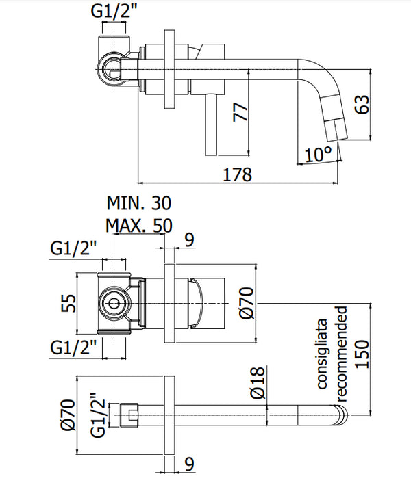 Paffoni Light Miscelatore lavabo Ad Incasso Bocca 175 mm Nero Opaco Lig006no70