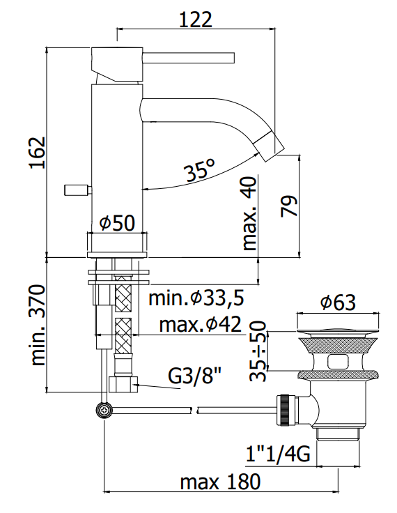 Paffoni Light LIG071NO Miscelatore Lavabo Senza Scarico, vista laterale del profilo e della forma