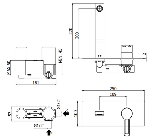 Paffoni Ringo Rin015 Miscelatore lavabo Incasso 2 Fori, vista laterale del profilo e della forma