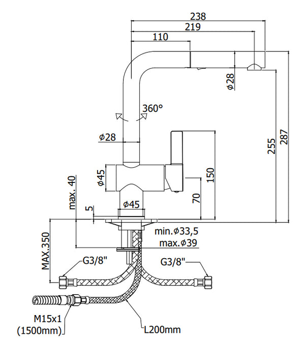 Paffoni Rock Miscelatore lavello orientabile doccia estraibile 2 getti cromo RO285