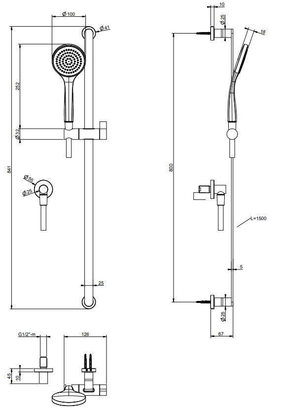 Asta doccia con saliscendi presa acqua doccetta anticalcare e flessibile 150 cm Cromo Gessi Emporio 47264