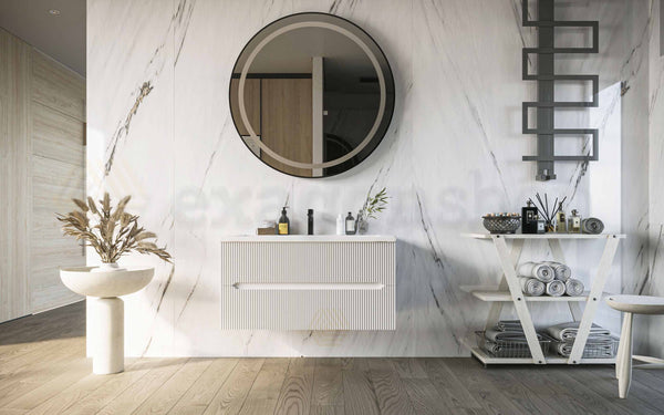 Mobile bagno bianco opaco 90x46 cannettato Urbino due cassetti con lavabo in ceramica