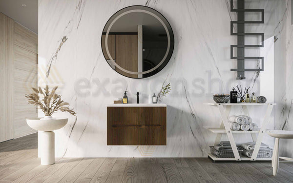 Mobile bagno noce chiaro 70x46 cannettato Urbino due cassetti con lavabo in ceramica