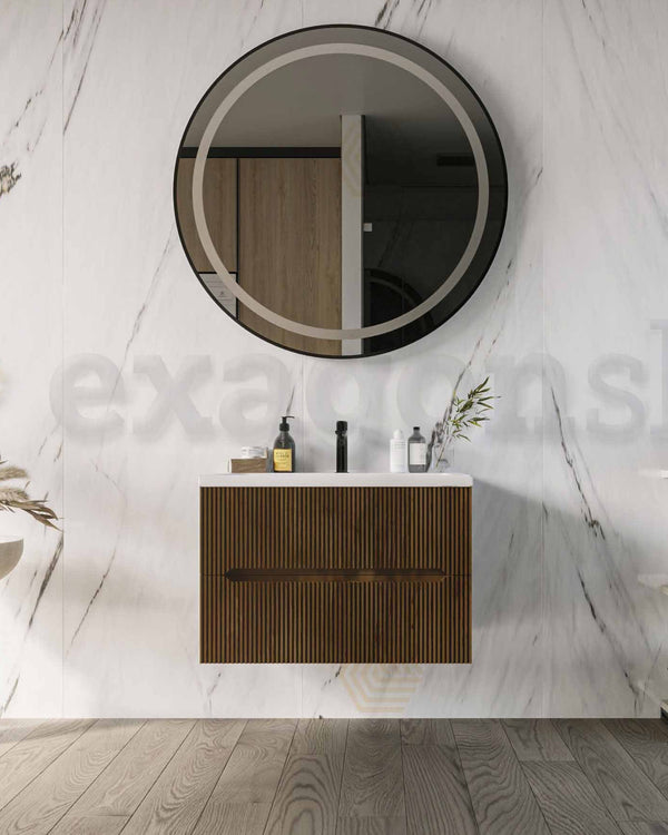 Mobile bagno noce chiaro 70x46 cannettato Urbino con lavabo, vista laterale della struttura sospesa - Exagonshop