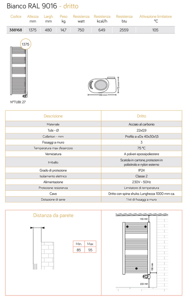 Scaldasalviette elettrico 1375x480 dritto shuko 750W con termostato digitale 27 tubi in acciaio bianco Cortina EVO 388168 Lazzarini