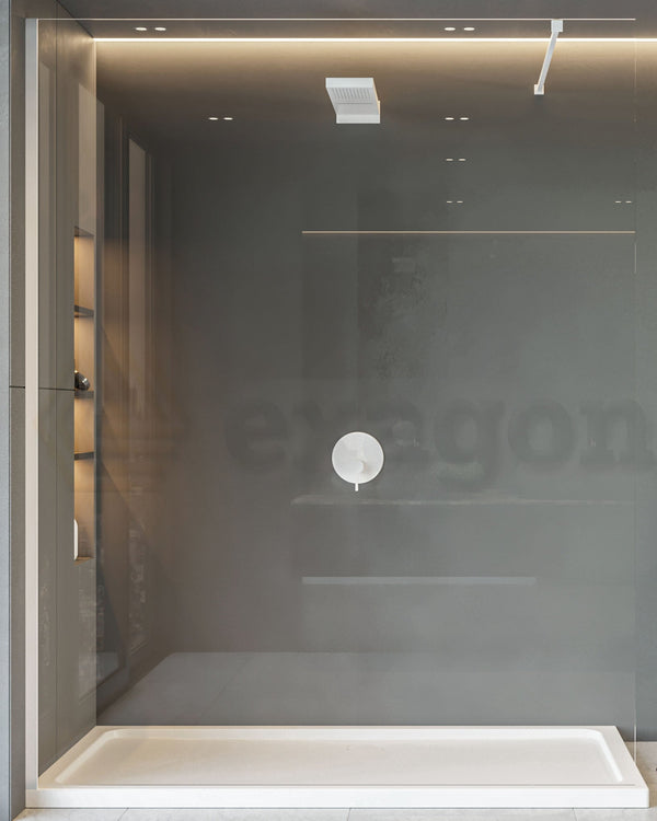 Walk in parete doccia fissa 140 cm vetro trasparente 8 mm H in bagno completo, vista d'insieme dell'ambiente - Exagonshop