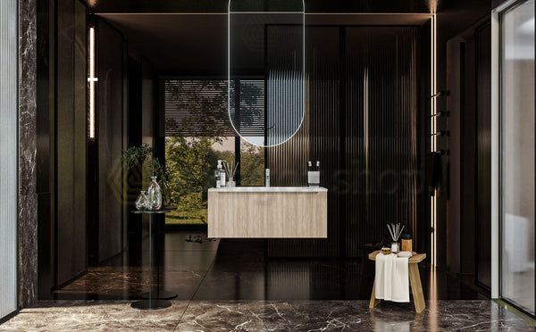Mobile Bagno Teak 90x50 Amalfi Un Cassetto E Lavabo Integrato In Mineralmarmo