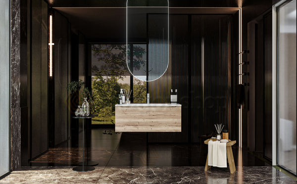 Mobile Bagno rovere 90x50 Amalfi Un Cassetto E Lavabo Integrato In Mineralmarmo
