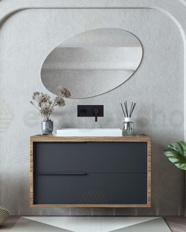 Mobile bagno 100x47 Urban noce antracite due cassetti con Noce Grigio Basalto con lavabo e rubinetteria, vista frontale...