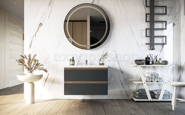 Mobile bagno 80x46 noce antracite Milo due cassetti con lavabo ad incasso