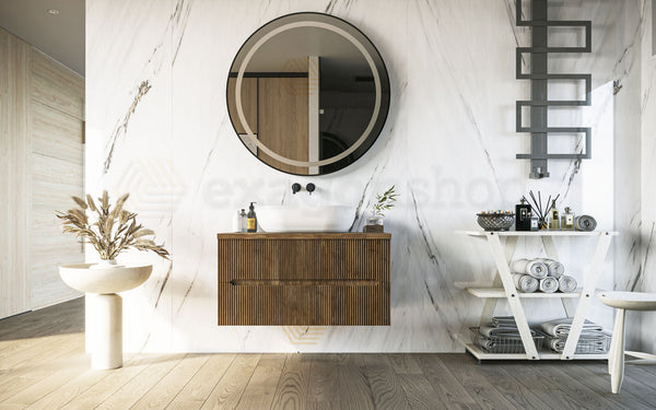 Mobile bagno noce chiaro 90x46 cannettati Urbino con ciotola da appoggio rettangolare in ceramica e due cassetti