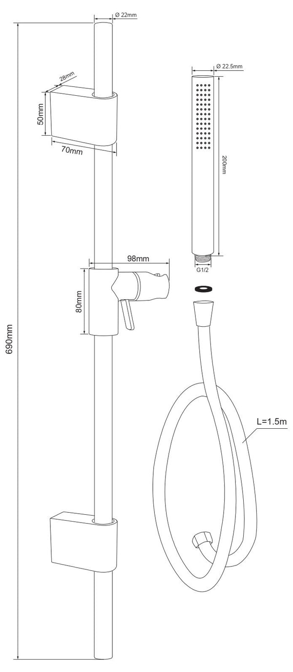 Asta doccia con saliscendi doccetta tonda in ottone e flessibile in pvc nero opaco