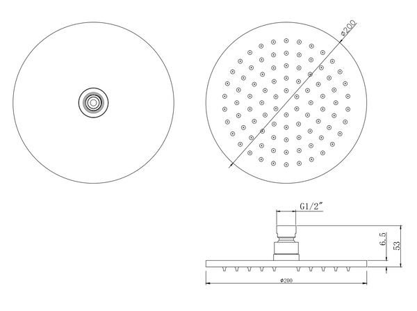 Soffione doccia 20 cm 6,5 mm tondo in acciaio cromo lucido, vista laterale del profilo - Exagonshop
