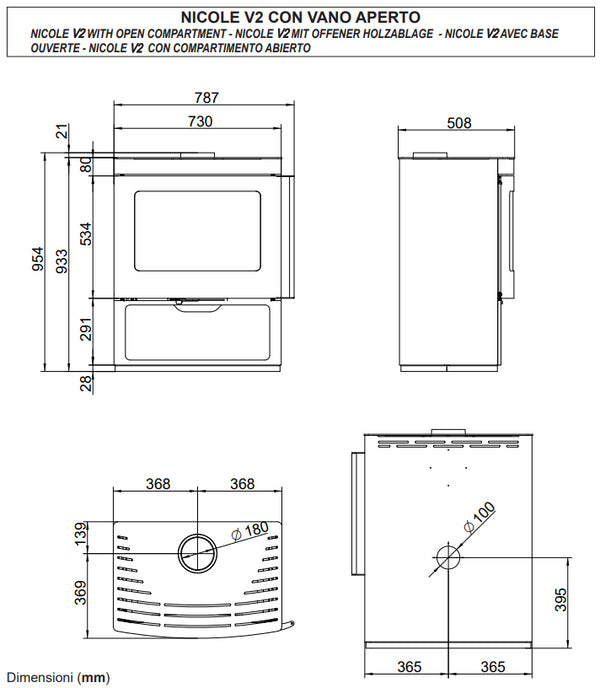 Stufa Legna ad aria 9 kw 70x50x95 vano aperto con rivestimento in pietra ollare Palazzetti Nicole