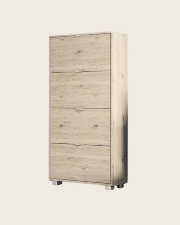 Capri scarpiera 76x30 salvaspazio 4 ante a ribalta H 155 ambientato in spazio living con arredi coordinati - Exagonshop
