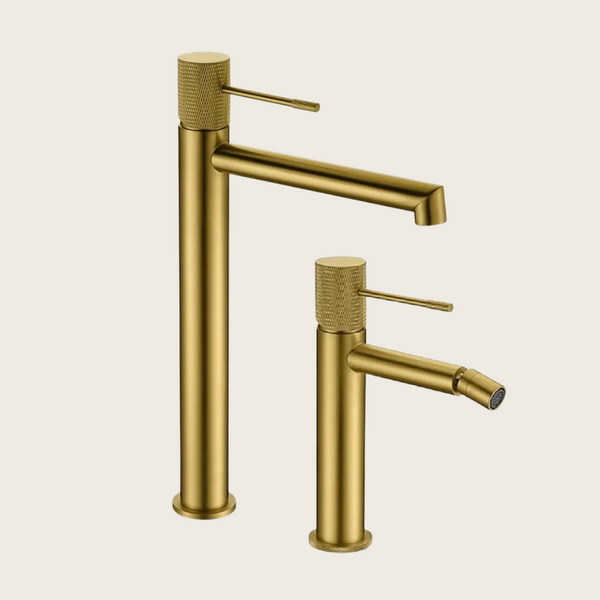 Coppia rubinetti lavabo alto e bidet senza scarico oro spazzolato Melin