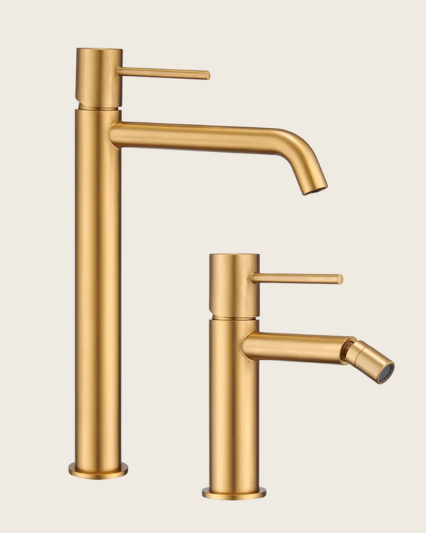 Coppia rubinetti lavabo alto e bidet senza scarico oro Oro Mat, vista laterale del profilo e della forma - Exagonshop