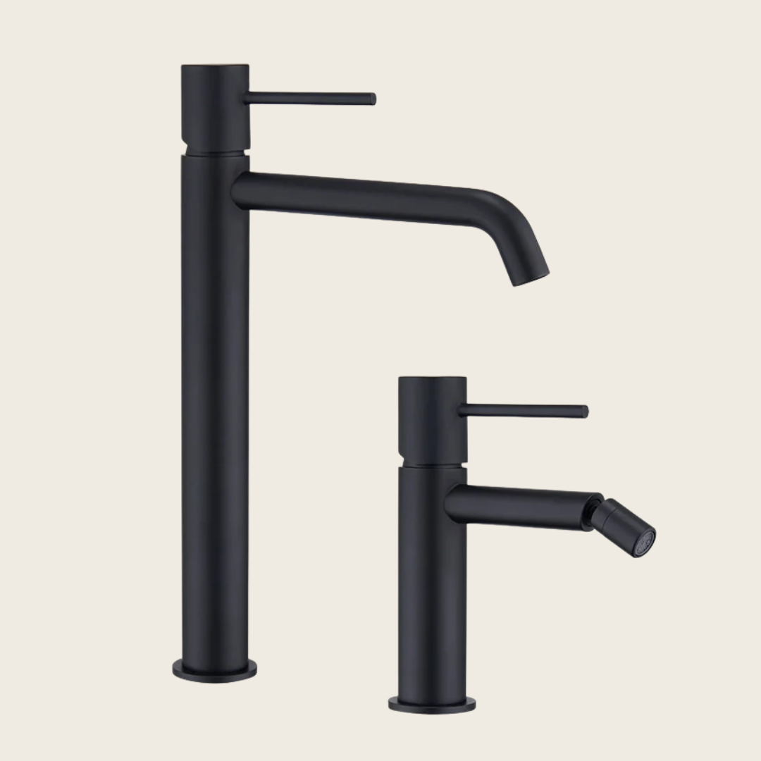 Coppia rubinetti miscelatore lavabo alto e bidet senza scarico in ottone nero opaco Memo