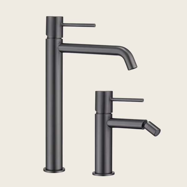 Coppia rubinetti lavabo alto e bidet senza scarico grigio metallico Memo