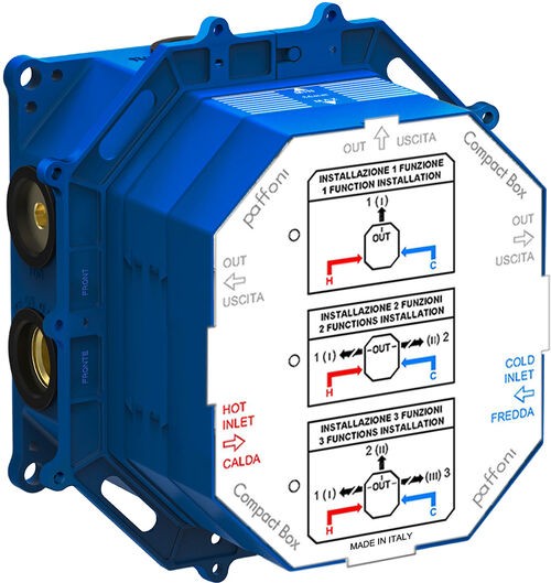 Paffoni Cpbox001 Set Incasso Universale Per Miscelatori E, dettaglio ravvicinato della finitura e del marchio