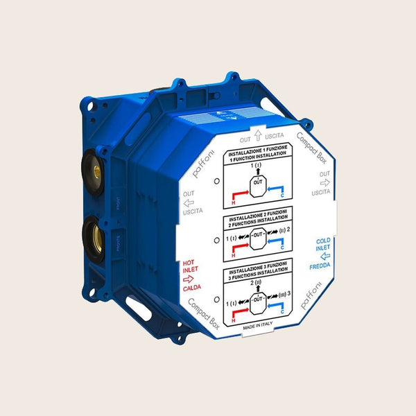 Paffoni Cpbox001 Set Incasso Universale Per Miscelatori E, vista frontale della maniglia e della bocca di erogazione
