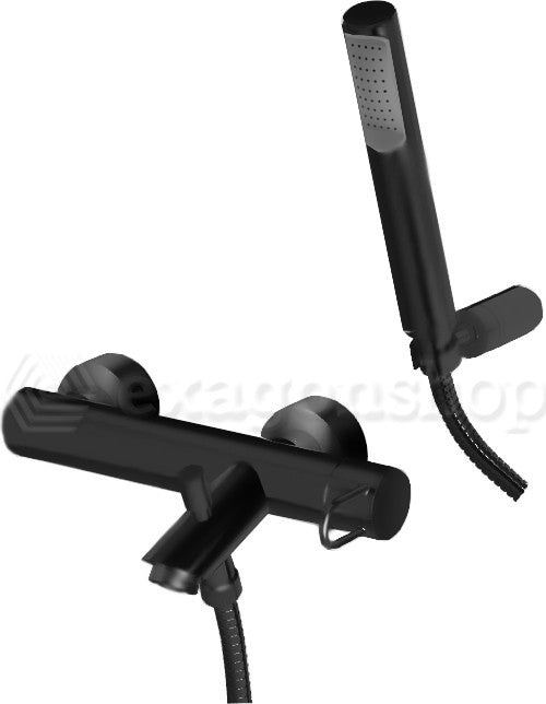 Paffoni Joker Jk023 Miscelatore Vasca Con Set Doccetta Nero ambientato in box doccia con pareti in vetro