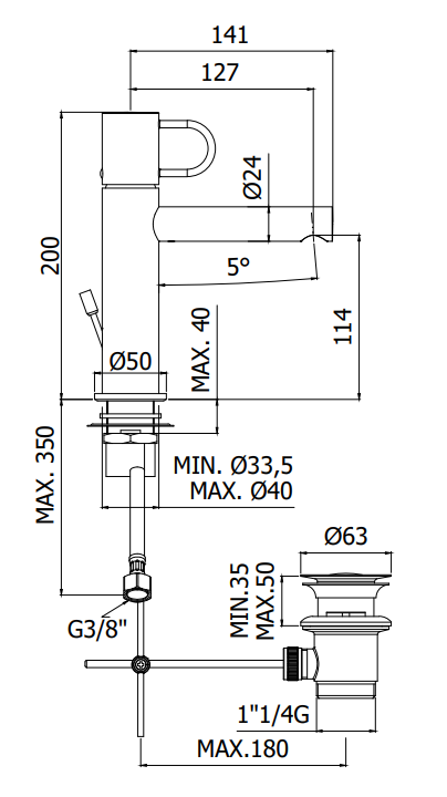 Paffoni Joker Jk071k Miscelatore Lavabo Con Scarico Click, vista laterale del profilo e della forma