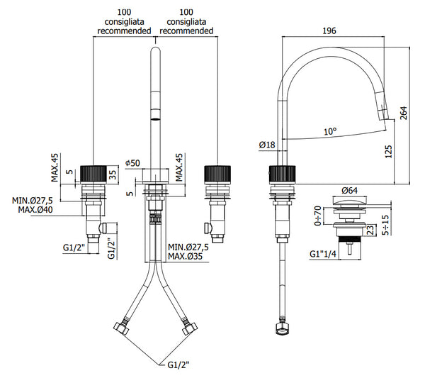 Paffoni Jo Jo053no Batteria Lavabo 3 Fori Con Scarico Click Clak Nero Opaco