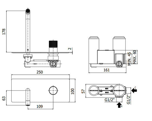 Paffoni Jo Jo105no Miscelatore lavabo Incasso 2 Fori Bocca 178 mm Nero Opaco