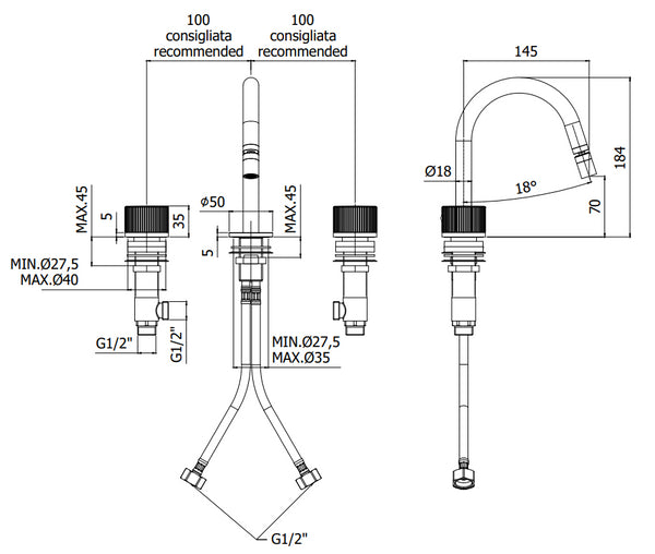 Paffoni Jo Jo119no Batteria Bidet 3 Fori Senza Scarico Nero Opaco