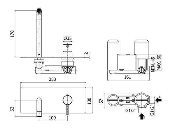 Paffoni Light Miscelatore lavabo Incasso 2 Fori nero Opaco Lig105no