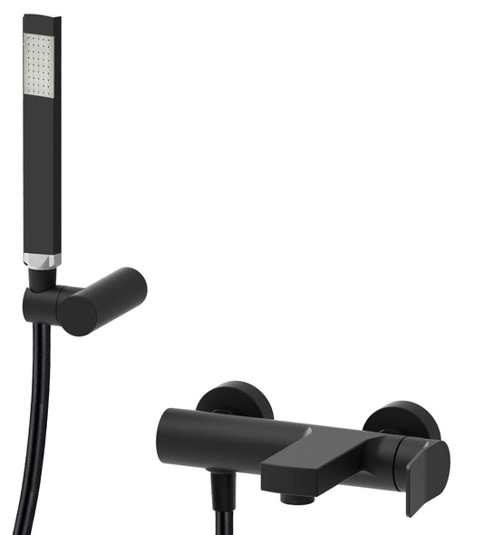 Paffoni Tilt Ti023no Miscelatore Vasca Con doccetta Nero ambientato in box doccia con pareti in vetro