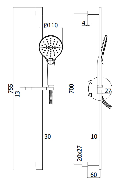 Paffoni City Zsal147 asta doccia quadra 75 cm con doccetta sofia Cromo