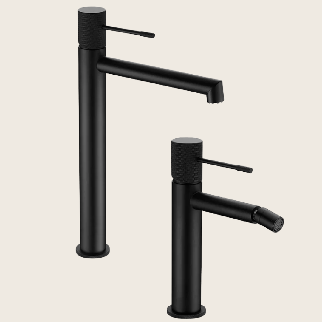 Coppia rubinetti lavabo alto e bidet senza scarico in ottone nero opaco Melin