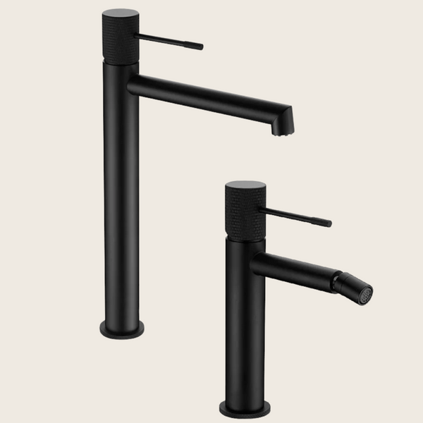 Coppia rubinetti lavabo alto e bidet senza scarico in ottone nero opaco Melin