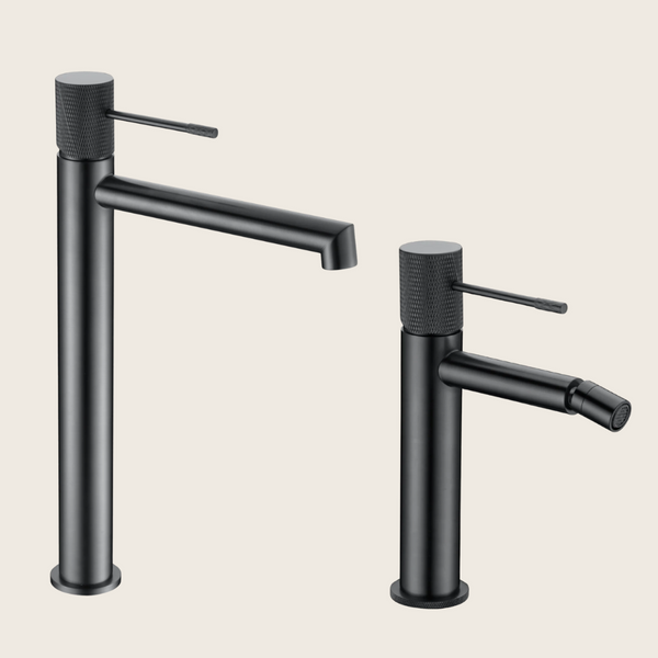 Coppia rubinetti lavabo alto e bidet senza scarico ottone grigio metallico Melin