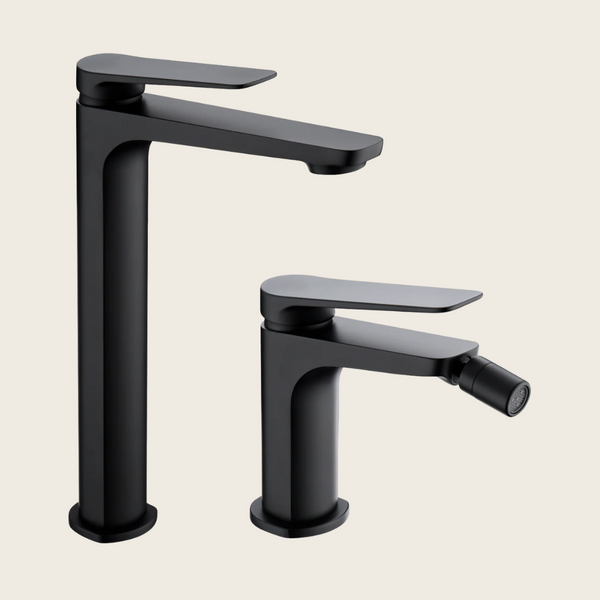 Coppia rubinetti miscelatore lavabo alto e bidet senza scarico nero opaco Momo