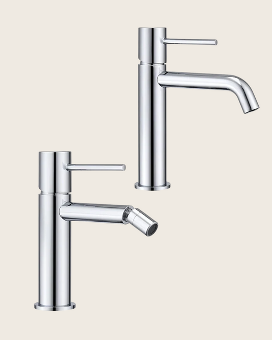 Coppia rubinetti lavabo e bidet senza scarico cromo Memo Cromo Lucido, vista frontale su sfondo bianco - Exagonshop