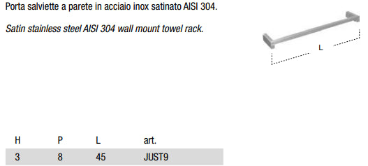 Antonio Lupi Just9 Portasalviette a parete 45 cm in acciaio Inox satinato