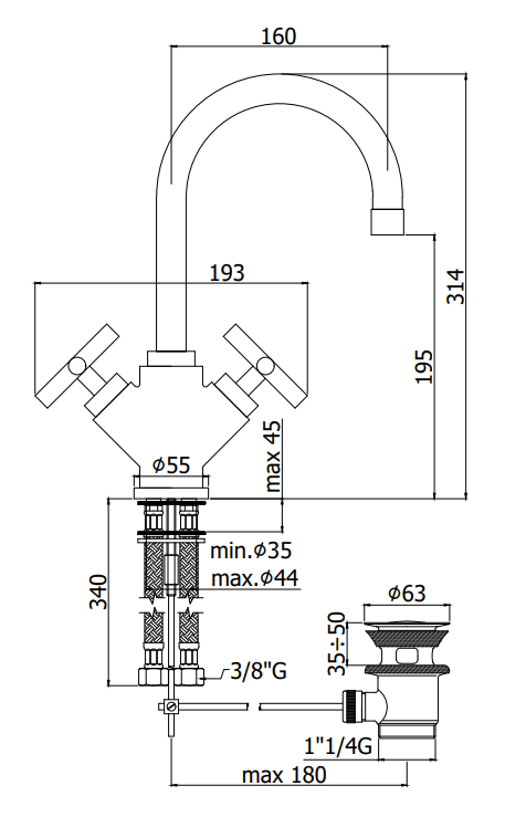 Paffoni Quattro Qtv077 Gruppo Lavabo Con Scarico Automatico, vista laterale del profilo e della forma