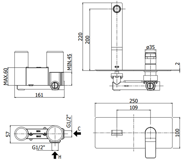Paffoni Tilt set rubinetteria lavabo a muro bidet e doccia incasso nero opaco