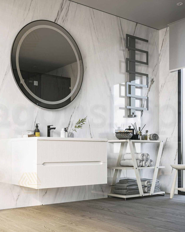 Mobile bagno bianco opaco 90x46 cannettato Urbino lavabo in, dettaglio ravvicinato della finitura e del cassetto - Exagonshop