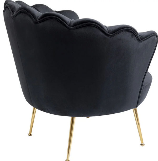 Water Lily Poltrona design Glamour con gambe in acciaio dorato e tessuto imbottito nero