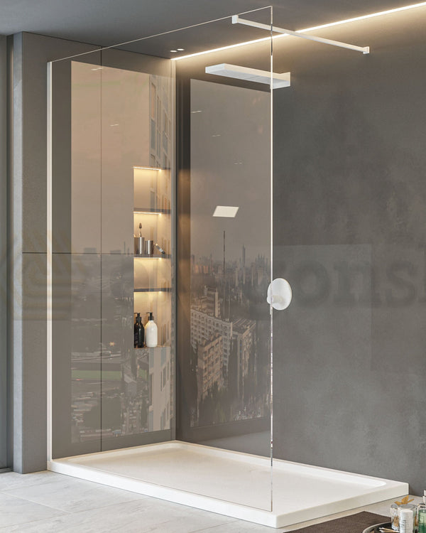 Walk in parete doccia fissa 140 cm vetro trasparente 8 mm H in opaco e naturale installato in bagno moderno con ante in...