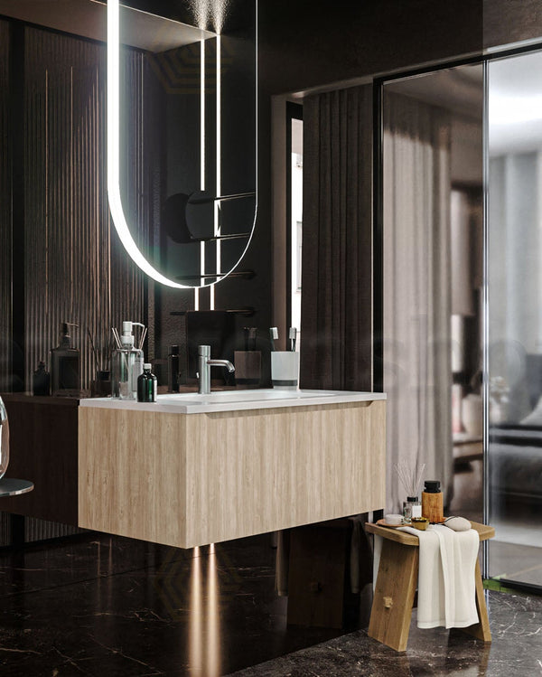Mobile Bagno Teak 90x50 Amalfi Lavabo Mineralmarmo lucido, vista laterale della struttura sospesa - Exagonshop