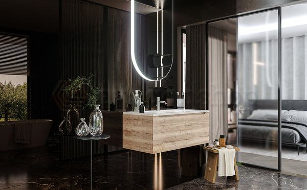 Mobile Bagno rovere 90x50 Amalfi Un Cassetto E Lavabo Integrato In Mineralmarmo