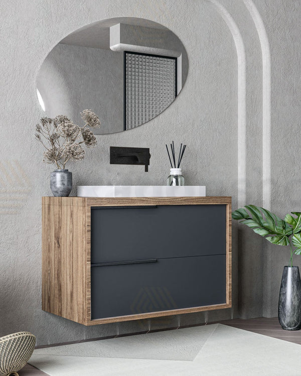 Mobile bagno 100x47 Urban noce antracite due cassetti con Noce Grigio Basalto, vista dall'alto del piano con lavabo...
