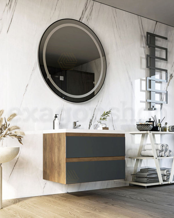 Mobile bagno 80x46 noce antracite Milo lavabo lucido con lavabo e rubinetteria, vista frontale su sfondo neutro - Exagonshop