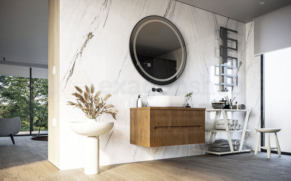 Mobile bagno noce chiaro 90x46 cannettati Urbino con ciotola da appoggio rettangolare in ceramica e due cassetti