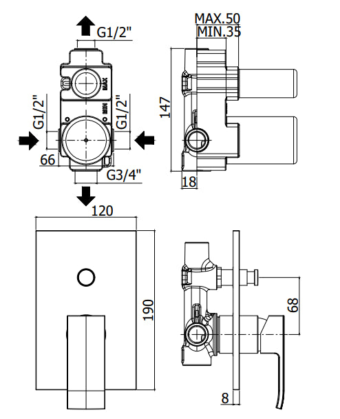 Paffoni Level Lea015 miscelatore doccia incasso con deviatore e piastra ABS cromo.